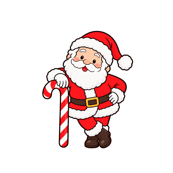 キャンディケーンにもたれるサンタのイラスト（クリスマス・透過PNG）