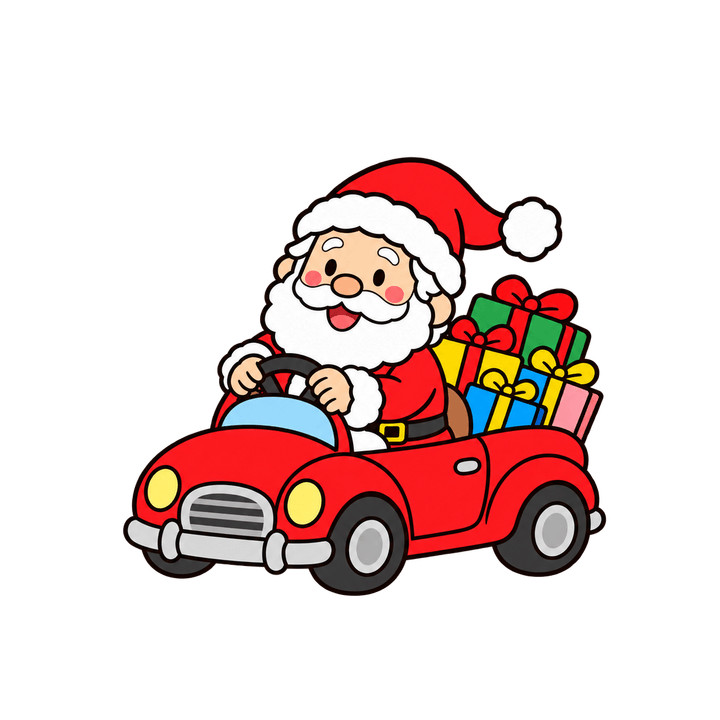 赤い車を運転するサンタのイラスト（クリスマス・透過PNG）