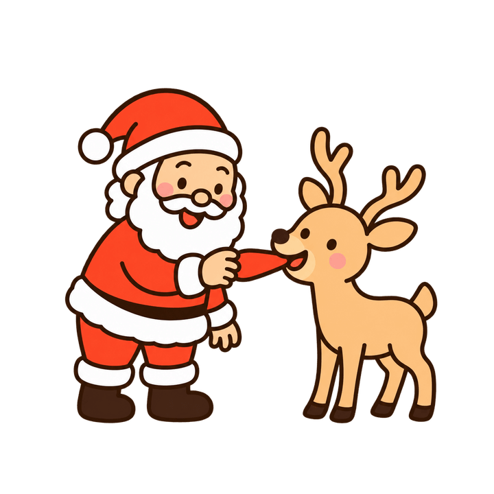 トナカイにえさをあげるサンタのイラスト（クリスマス・透過PNG）