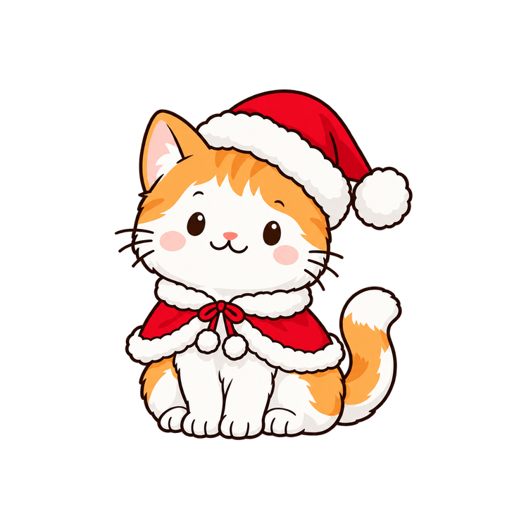 サンタ帽子とマントのねこのイラスト（クリスマス・透過PNG）