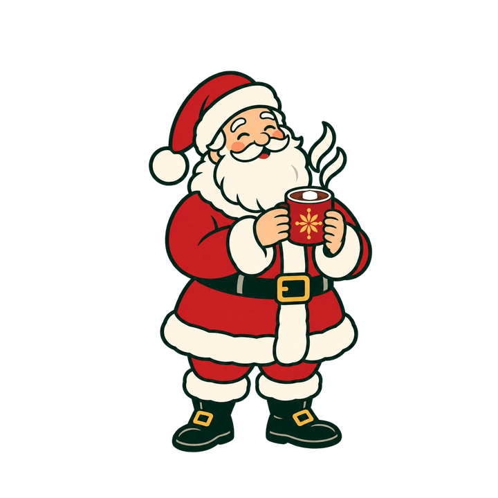 ココアでほっこりするサンタのイラスト（クリスマス・透過PNG）