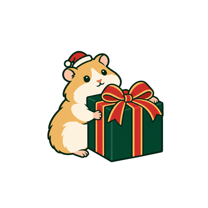 プレゼントを抱えるハムスターのイラスト（クリスマス・透過PNG）