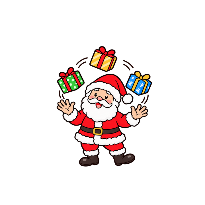 プレゼントでお手玉するサンタのイラスト（クリスマス・透過PNG）