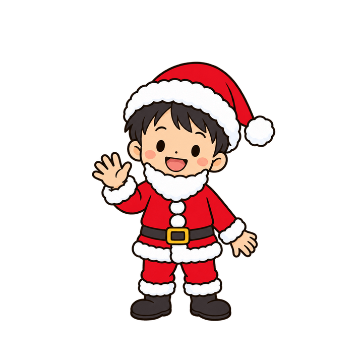 サンタ服で手をふる男の子のイラスト（クリスマス・透過PNG）