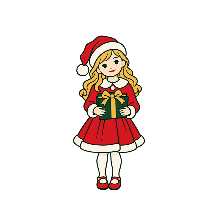 プレゼントを持つサンタの女の子のイラスト（クリスマス・透過PNG）