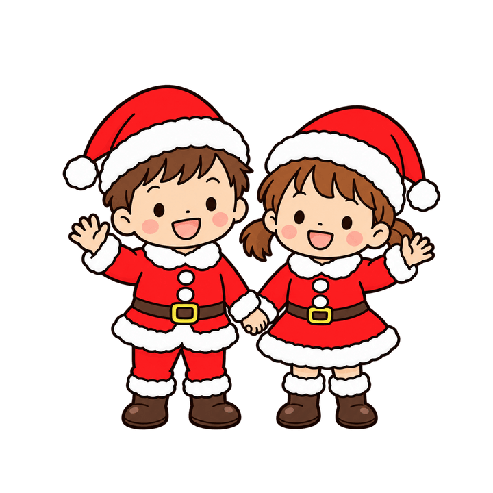手をつなぐサンタの子どもたちのイラスト（クリスマス・透過PNG）