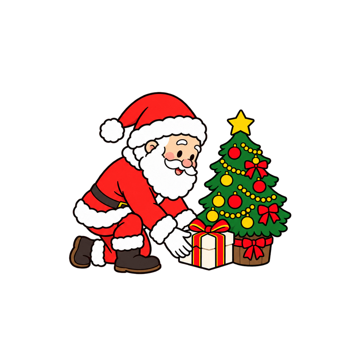 プレゼントを置くサンタのイラスト（クリスマス・透過PNG）