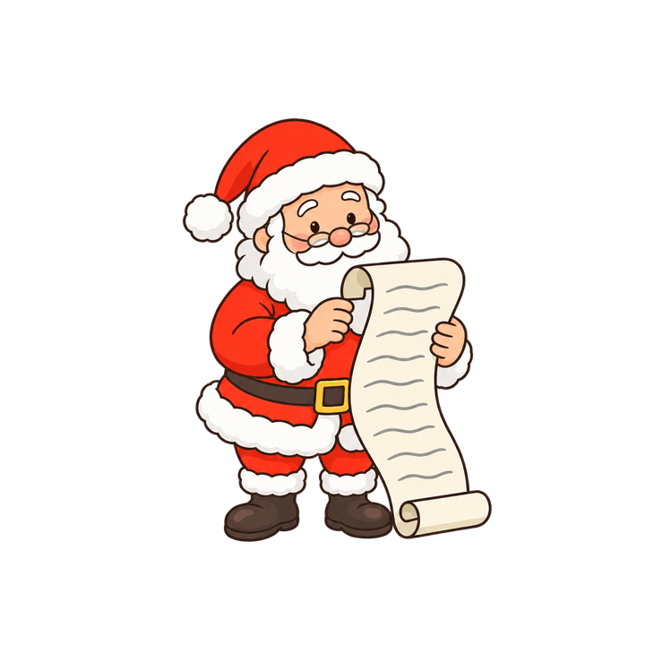 長いリストを読むサンタのイラスト（クリスマス・透過PNG）