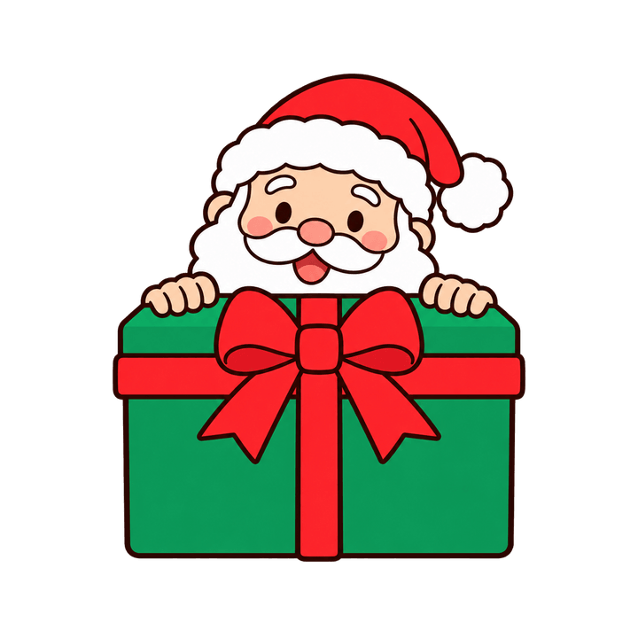 プレゼントから顔を出すサンタのイラスト（クリスマス・透過PNG）