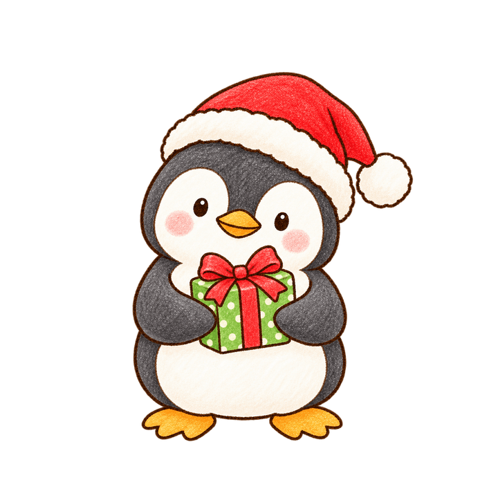 プレゼントを持つペンギンのイラスト（クリスマス・透過PNG）