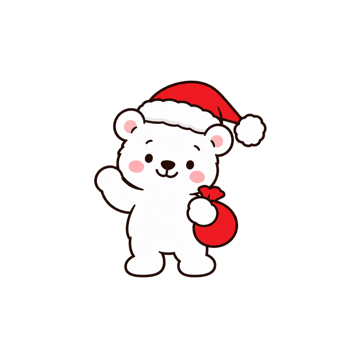 袋を持って手をふるしろくまのイラスト（クリスマス・透過PNG）