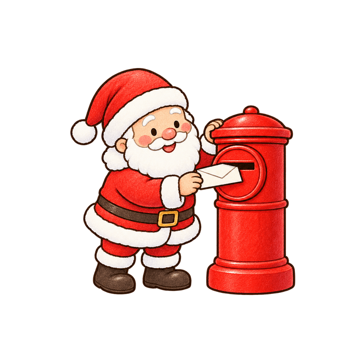 ポストに手紙を入れるサンタのイラスト（クリスマス・透過PNG）