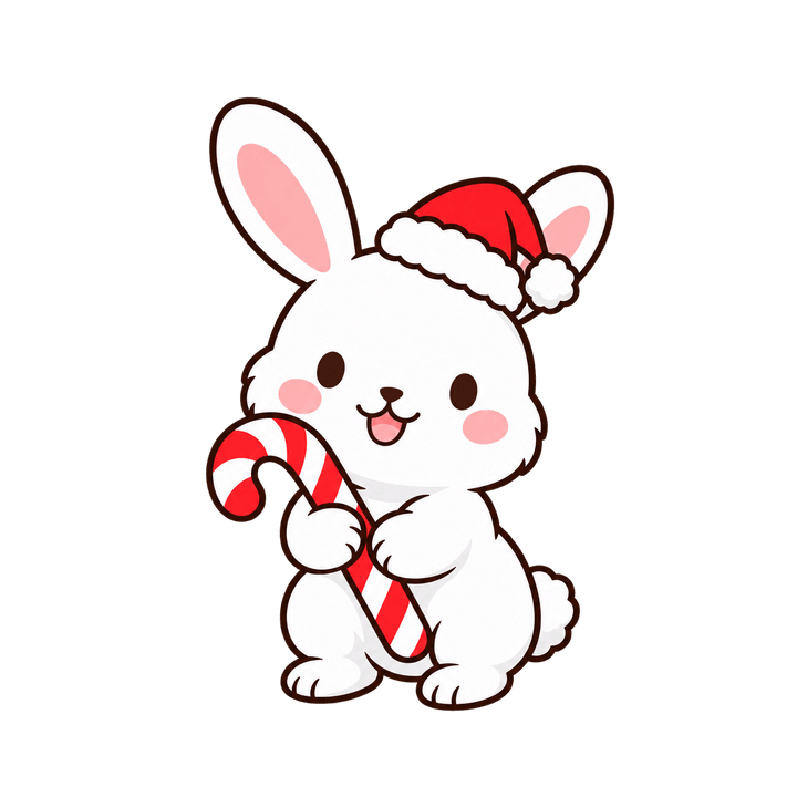 キャンディケーンを持つうさぎのイラスト（クリスマス・透過PNG）