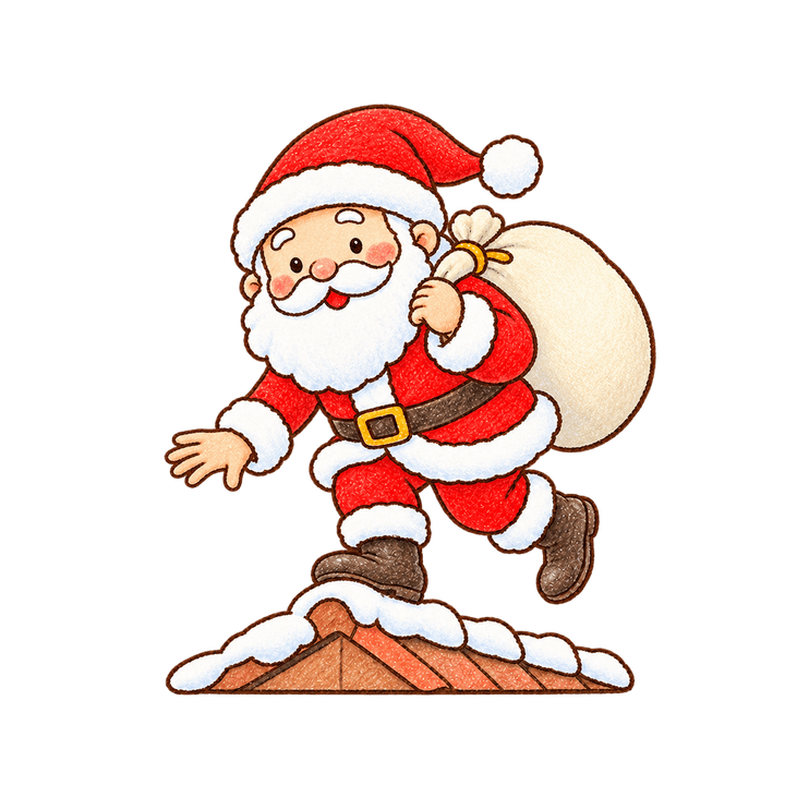 雪の屋根を歩くサンタのイラスト（クリスマス・透過PNG）