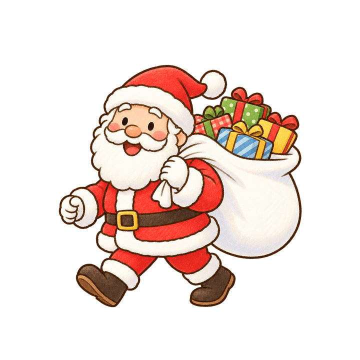 プレゼントの袋をかつぐサンタのイラスト（クリスマス・透過PNG）