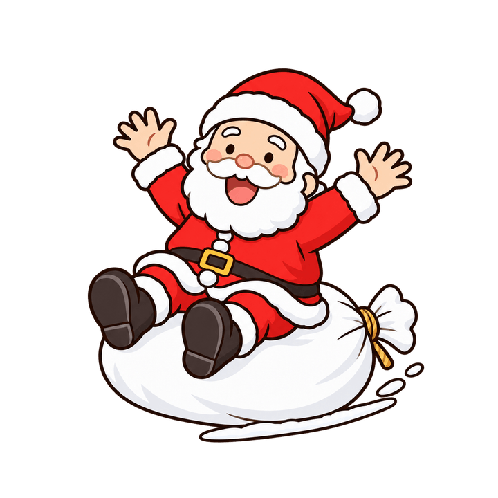 袋に乗ってすべるサンタのイラスト（クリスマス・透過PNG）