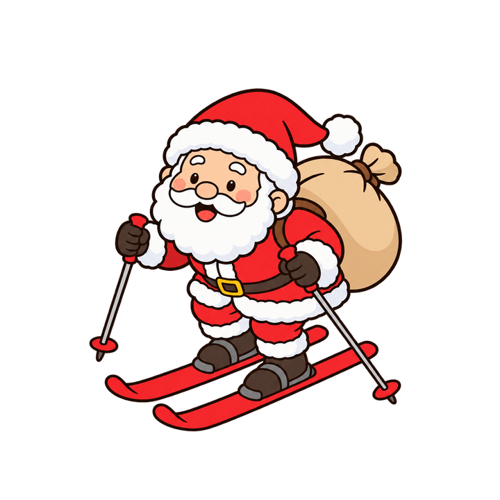 スキーですべるサンタのイラスト（クリスマス・透過PNG）