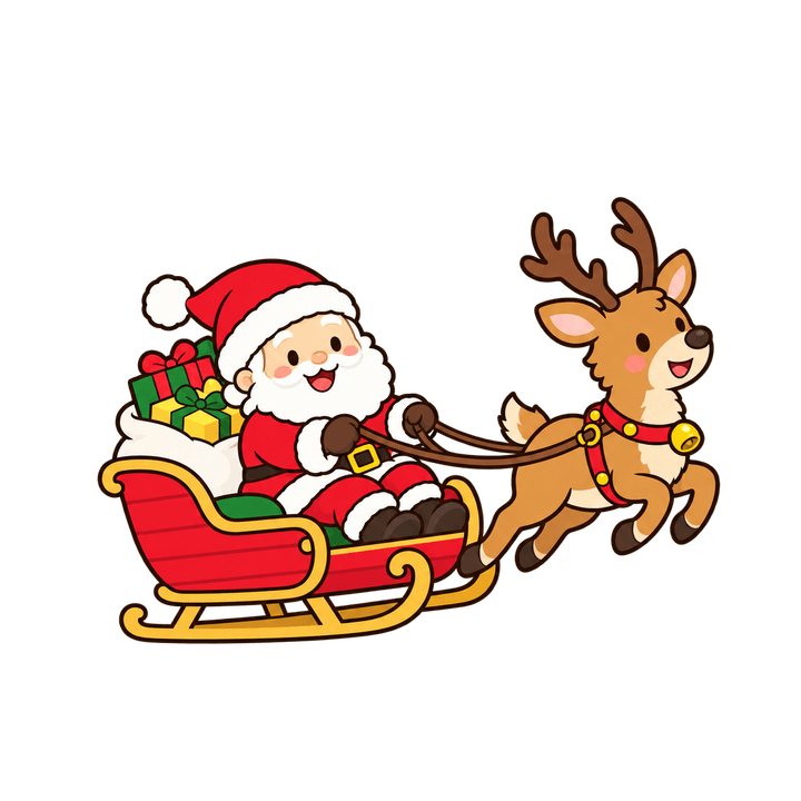 トナカイとそりで飛ぶサンタのイラスト（クリスマス・透過PNG）