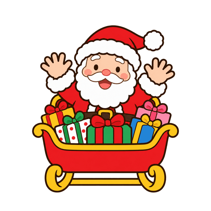 そりから両手をふるサンタのイラスト（クリスマス・透過PNG）