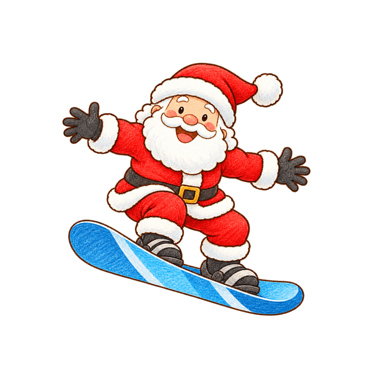 スノーボードをするサンタのイラスト（クリスマス・透過PNG）