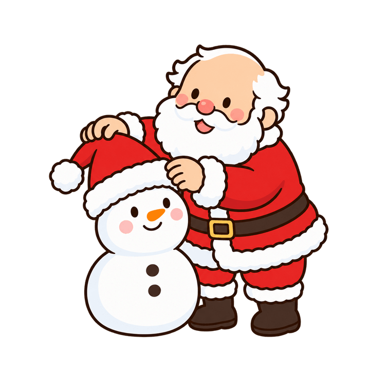 雪だるまに帽子をかぶせるサンタのイラスト（クリスマス・透過PNG）