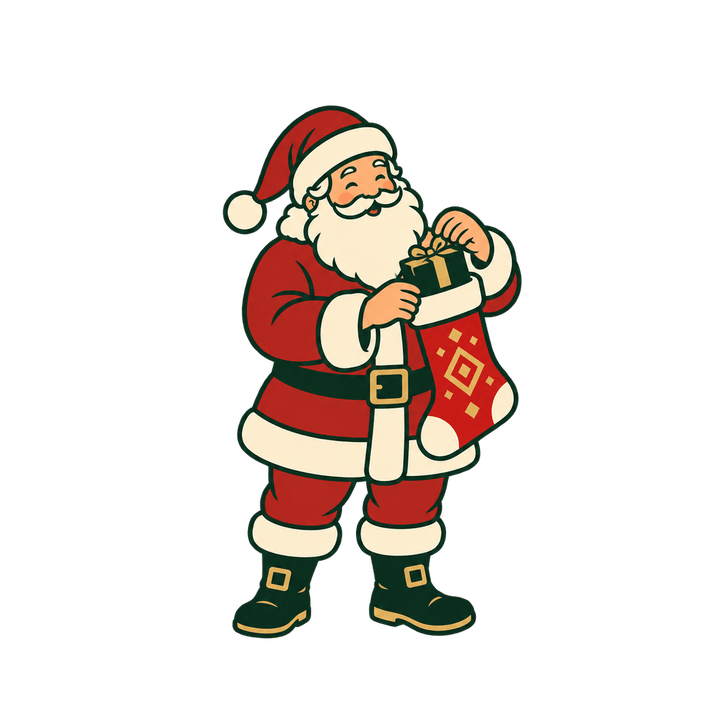 靴下にプレゼントを入れるサンタのイラスト（クリスマス・透過PNG）