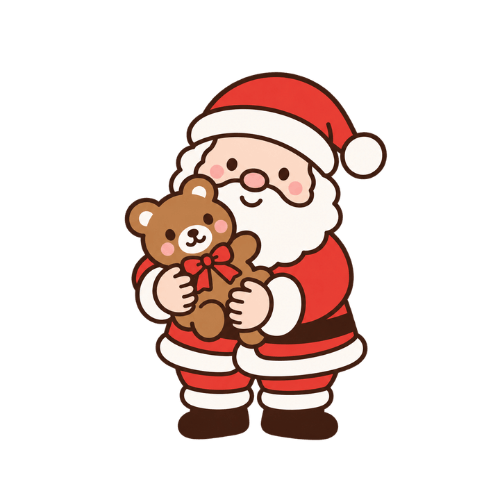 くまのぬいぐるみを抱くサンタのイラスト（クリスマス・透過PNG）