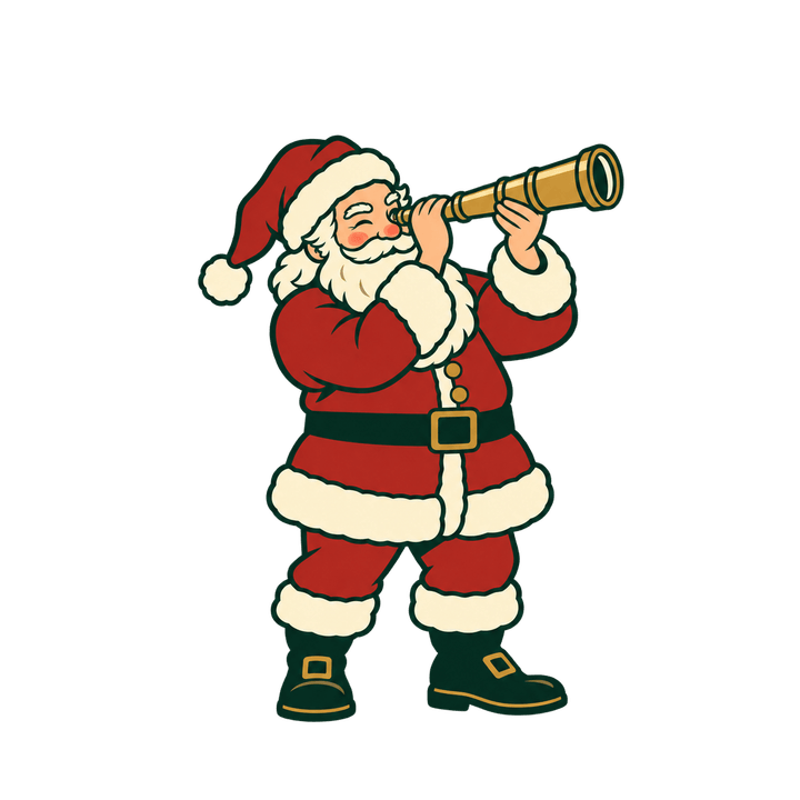 望遠鏡をのぞくサンタのイラスト（クリスマス・透過PNG）