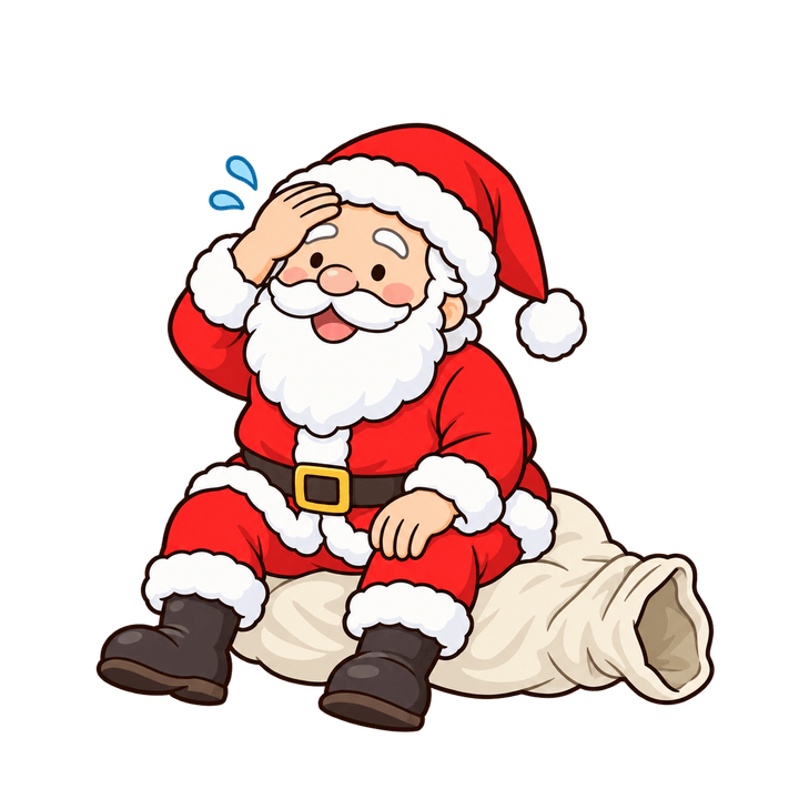 袋にすわってひと休みするサンタのイラスト（クリスマス・透過PNG）
