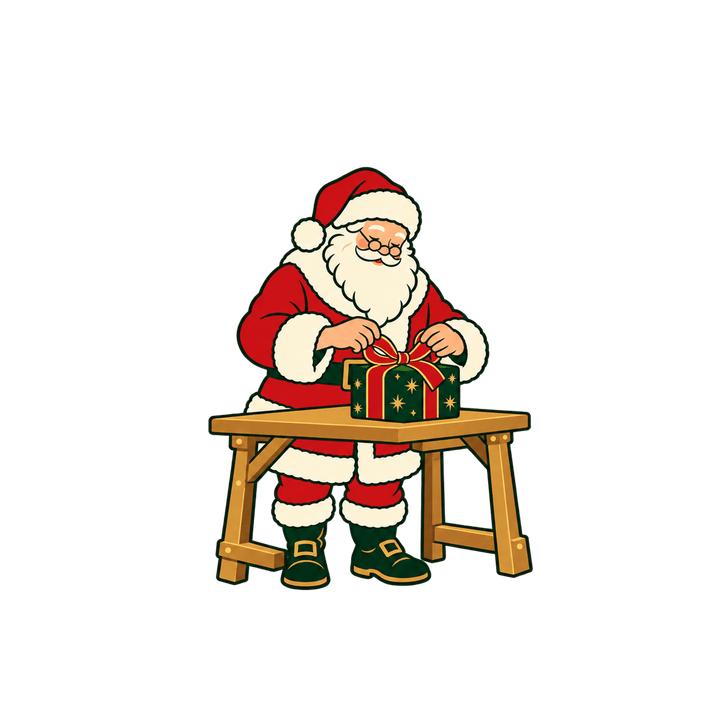 プレゼントにリボンを結ぶサンタのイラスト（クリスマス・透過PNG）