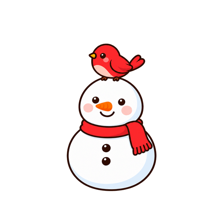 小鳥がのった雪だるまのイラスト（クリスマス・透過PNG）