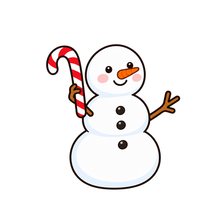 キャンディケーンを持つ雪だるまのイラスト（クリスマス・透過PNG）