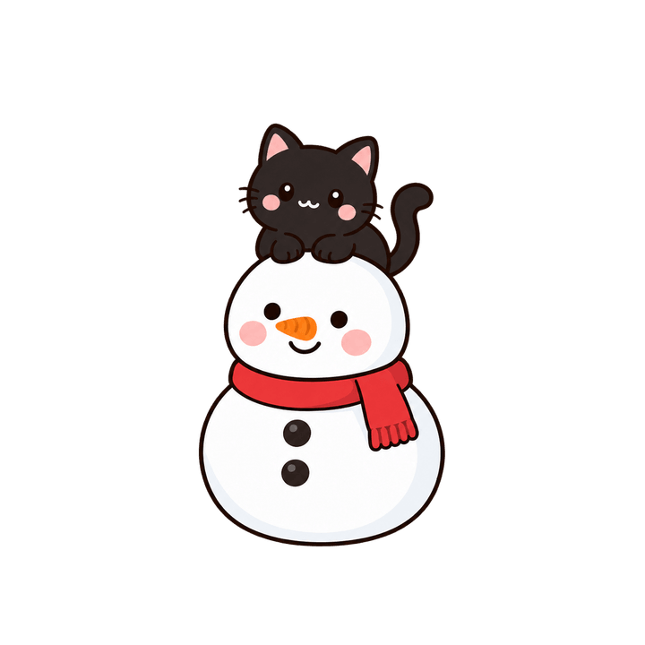 黒ねこをのせた雪だるまのイラスト（クリスマス・透過PNG）