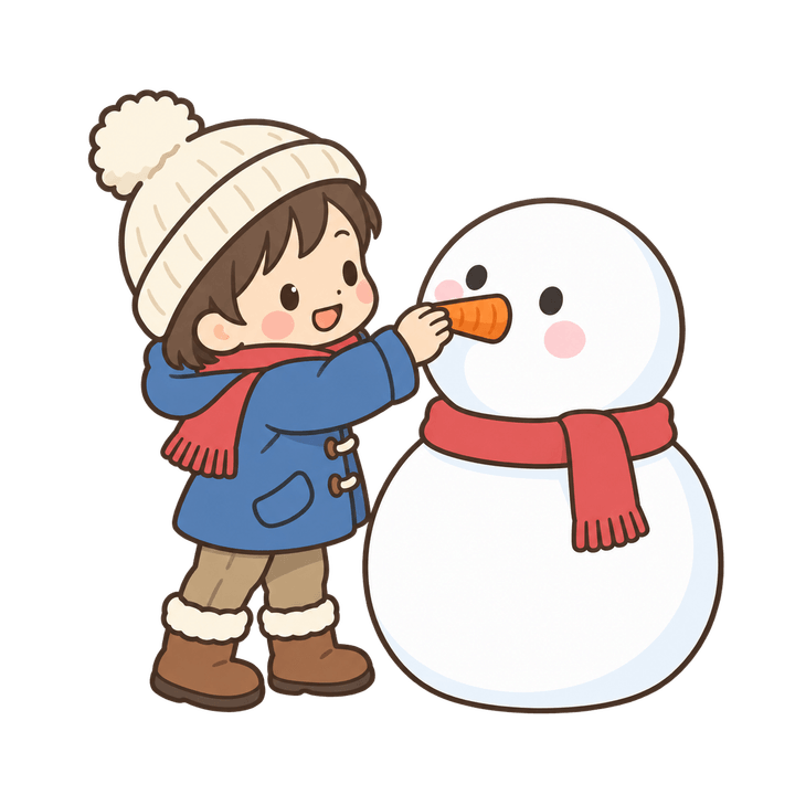 雪だるまに鼻をつける子どものイラスト（クリスマス・透過PNG）