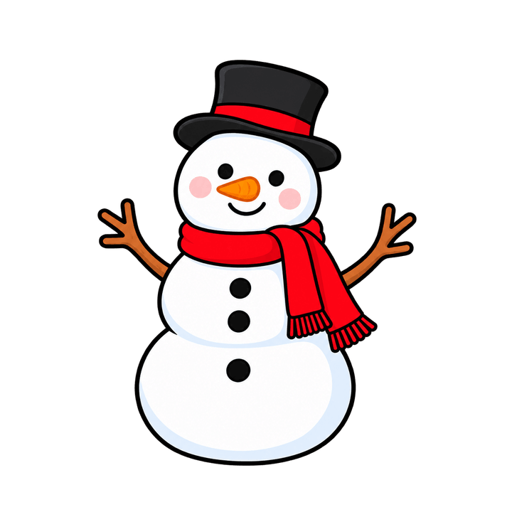 黒い帽子とマフラーの雪だるまのイラスト（クリスマス・透過PNG）