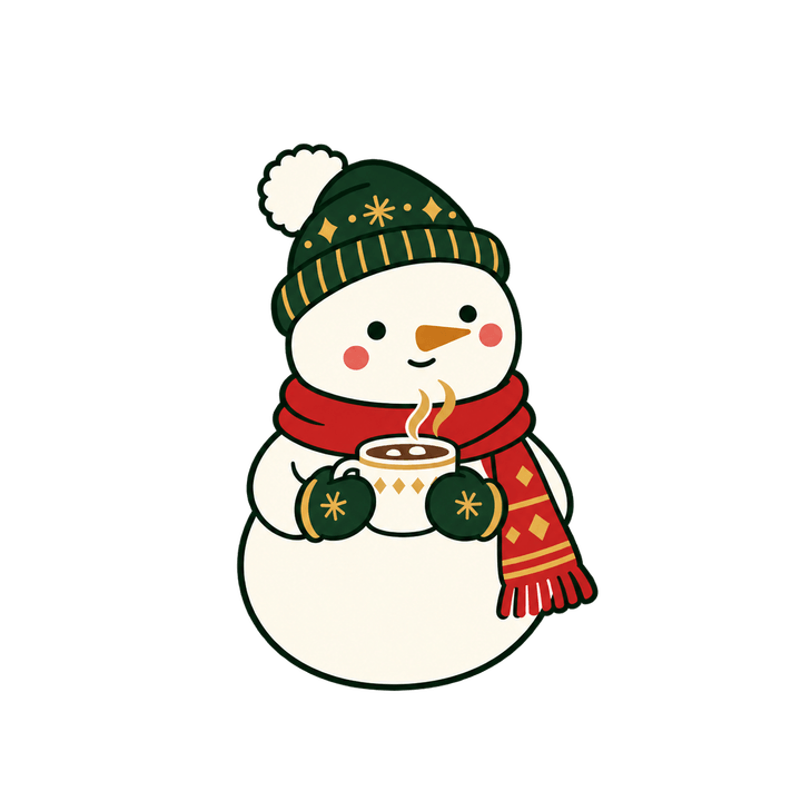 ココアを持つ雪だるまのイラスト（クリスマス・透過PNG）