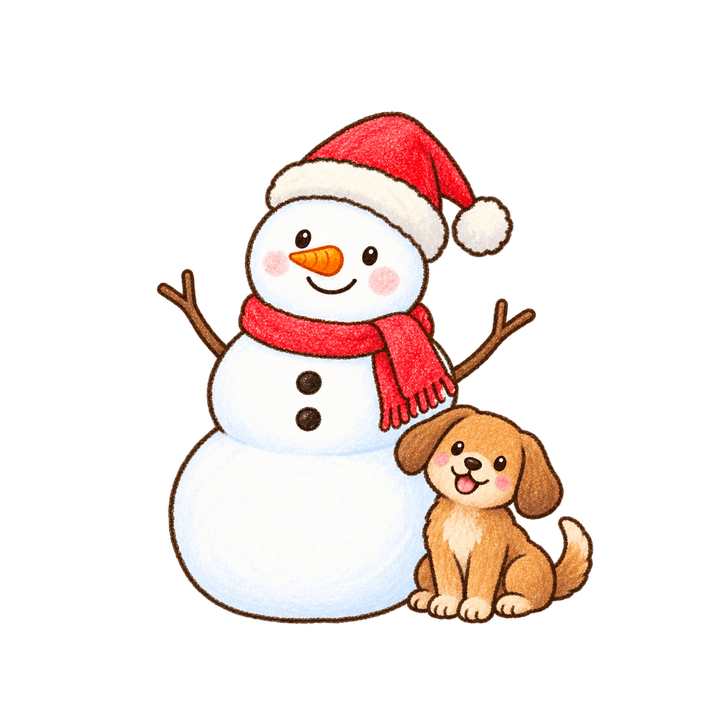 子犬と雪だるまのイラスト（クリスマス・透過PNG）