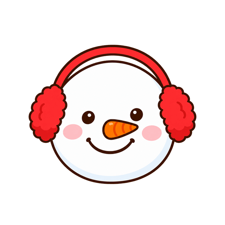 赤い耳あての雪だるまの顔のイラスト（クリスマス・透過PNG）