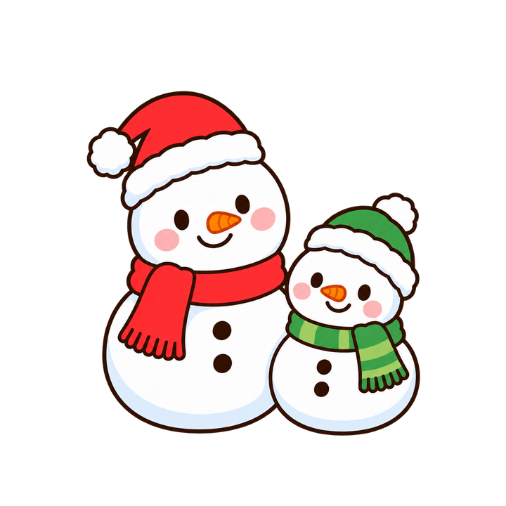 大小ならんだ雪だるまのイラスト（クリスマス・透過PNG）