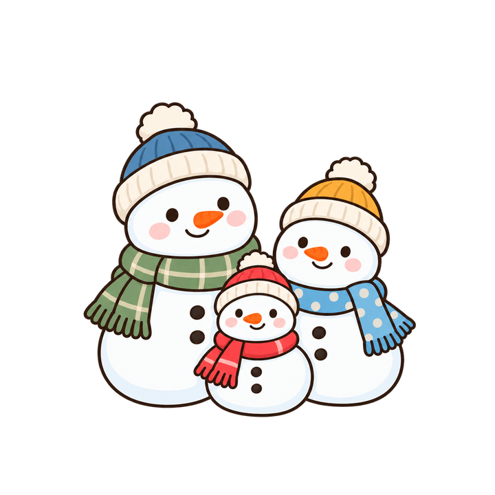 雪だるまの3人家族のイラスト（クリスマス・透過PNG）