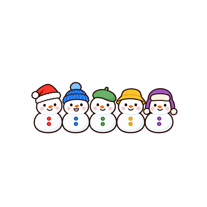 帽子をかぶった5人の雪だるまのイラスト（クリスマス・透過PNG）