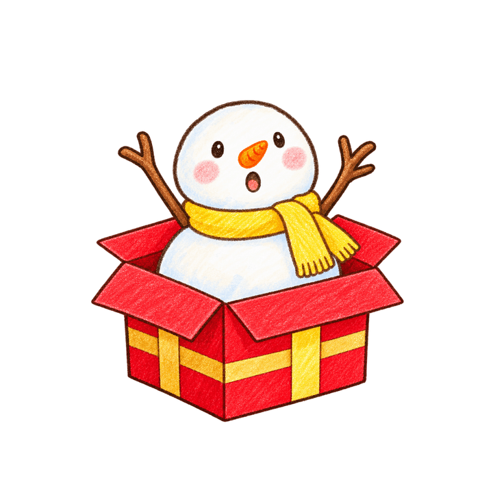 プレゼントから出てきた雪だるまのイラスト（クリスマス・透過PNG）