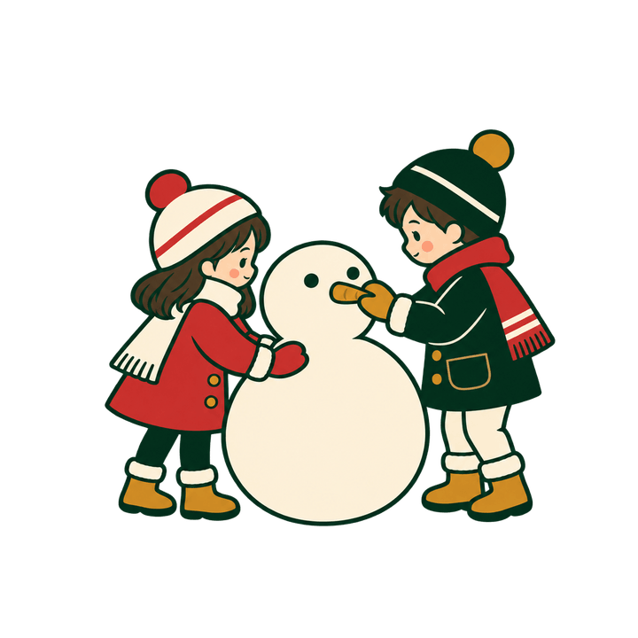 雪だるまを作る子どもたちのイラスト（クリスマス・透過PNG）