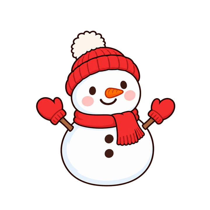 手ぶくろをした雪だるまのイラスト（クリスマス・透過PNG）