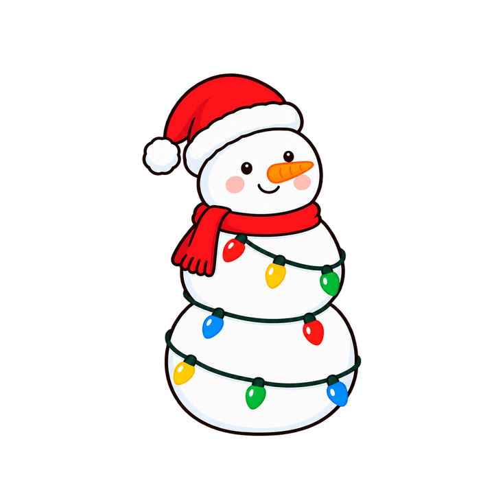 電飾を巻いた雪だるまのイラスト（クリスマス・透過PNG）