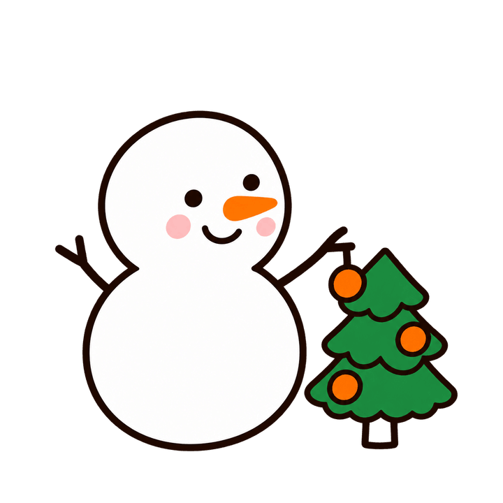 ツリーを飾る雪だるまのイラスト（クリスマス・透過PNG）