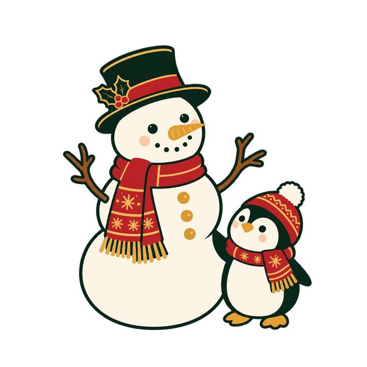 ペンギンと雪だるまのイラスト（クリスマス・透過PNG）