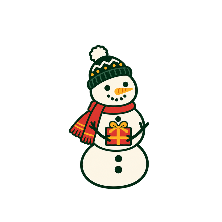 プレゼントを持つ雪だるまのイラスト（クリスマス・透過PNG）
