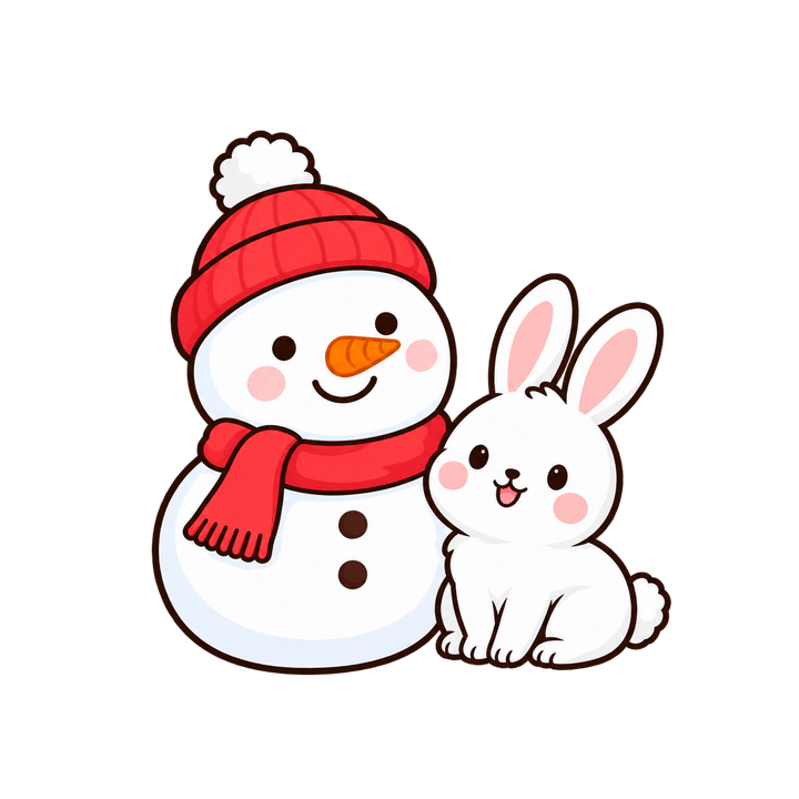 うさぎと雪だるまのイラスト（クリスマス・透過PNG）