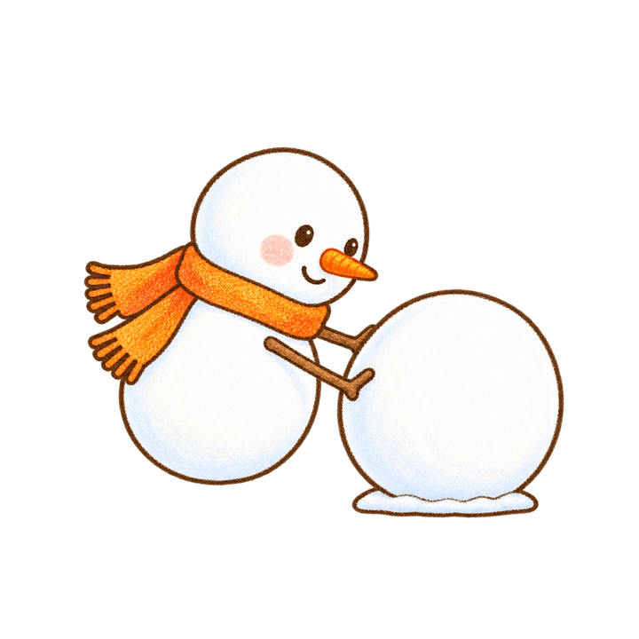 雪玉をころがす雪だるまのイラスト（クリスマス・透過PNG）